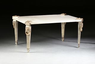 A HOLLYWOOD REGENCY STYLE SILVERED AND GILT BRONZE MARBLE TOP OCCASIONAL TABLE, MODERN,