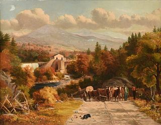 ALBERT LEIGHTON RAWSON (American 1828-1903) A PAINTING, "Water Saw Mill and Log Drivers with Cattle,"