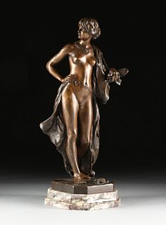 HENRI EMILE ALLOUARD (French 1844-1929) A BRONZE, "The Nude Lute Player with Bouquet," CIRCA 1884,