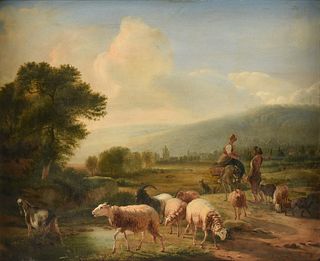 BALTHASAR PAUL OMMEGANCK (Flemish 1755-1826) A PAINTING, "Shepherds with Birdcage in Landscape with Dutch Landrace Goats and Milk Sheep," 1814,