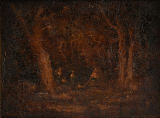 RALPH ALBERT BLAKELOCK (American 1847-1919) A PAINTING, "The Glow of an Indian Encampment at Night,"