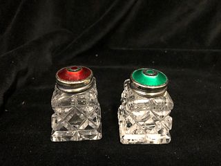 Pair of Small Enamel and glass salt and pepper shakers-Norway