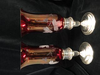 Gumps Sterling silver Candle Holders with Ruby Hurricane glass