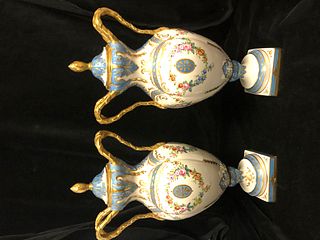 Pair of Hand Painted Porcelain French Urns with handles - 20th Century