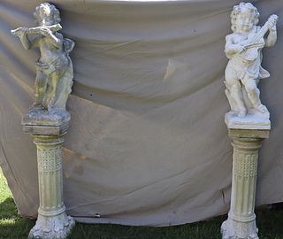 2 Antique Cement Musical Figures on Pedestals