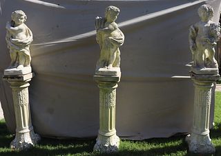 3 Antique Cement Figures On Pedestals