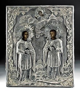 19th C. Russian Icon w/ Silver Oklad, Cosmas & Damian