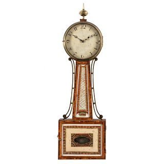 A Federal Reverse-Painted Glass and Inlaid Mahogany Banjo Clock