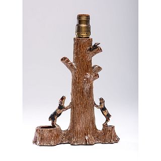 A Fine Ohio Sewertile Tree Trunk Lamp With Polychrome Dogs and Squirrel