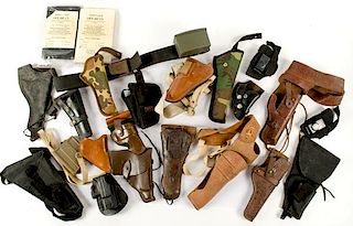 Assorted Gun Holsters Belts and Ammo Boxes 