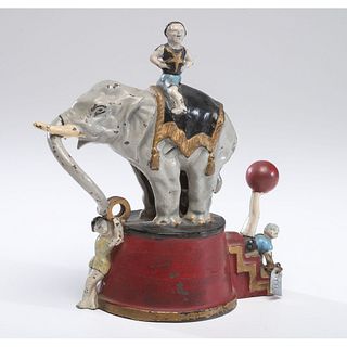 An Elephant and Three Clowns Cast Iron Mechanical Bank