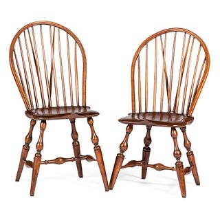 Two Mixed Wood Brace Back Windsor Chairs