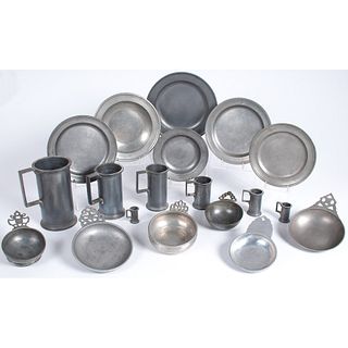 A Group of Pewter Measures, Porringers and Plates