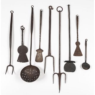 A Group of Early Wrought Iron Kitchen Utensils