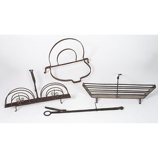 Two Wrought Iron Toasters, A Trivet and Tongs