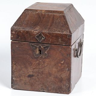 A Burlwood Box with Iron Handles and Butterfly Escutcheon 