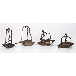 Four Wrought Iron Hanging Oil Lamps