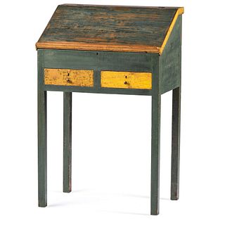 A Painted Two Drawer Pine School Masters Desk