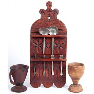 A Wooden Pewter Utensils Rack and Two Wooden Goblets