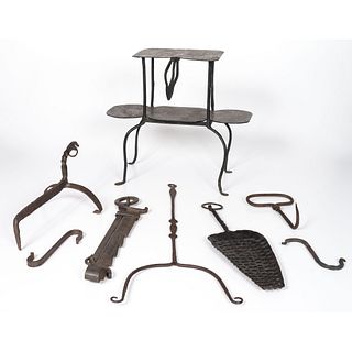 A Group of Wrought Iron Kitchen and Fireplace Tools