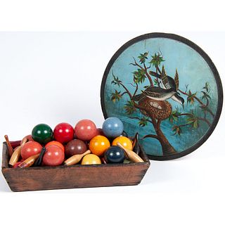 A Polychrome Painted Barrel Lid & A Wooden Tray