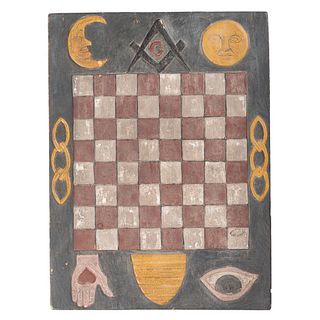 A Painted Wood Game Board with Fraternal Decoration