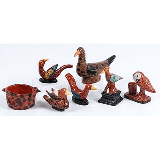 A Group of Glazed and Molded Redware Bird Figures and Bowl by James Seagreaves (American, 1913-1997)