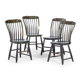 A Set of Four Ebonized and Stencil-Decorated Spindle-Back Hitchcock Side Chairs