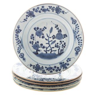 Five Chinese Export Blue/White Floral Plates