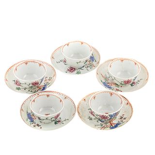 Five Chinese Export Famille Rose Cups & Saucers