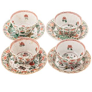 Four Chinese Export Famille Verte Cups & Saucers