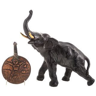 Asian Patinated Metal Elephant & Copper Moon Flask