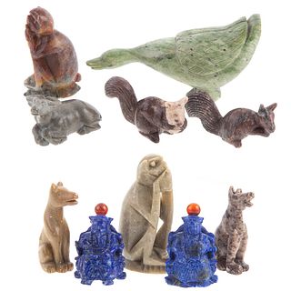 8 Chinese Carved Animals & 2 Lapis Snuff Bottles