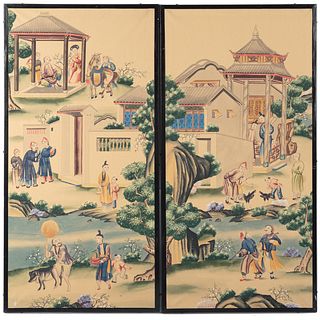 Pair English Gouache Panels in The Chinese Manner
