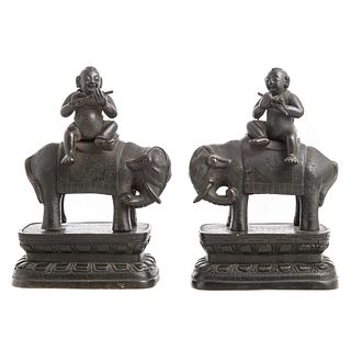 Pair Chinese Bronze Elephant/Boy Figures