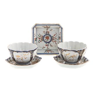 Two Japanese Arita Tea Bowls & Tea Pot Stands