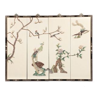 Chinese 4 Panel Hardstone & Wood Wall Screen