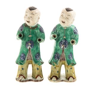 Pair Chinese Polychrome Porcelain Ho-Ho Boys