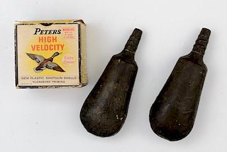 Powder Flasks and Peters Box of Shotgun Shells 