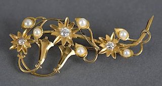 14kt Art Nouveau style pearl & diamond brooch.
