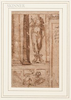 Italian School, Probably Parma, 16th Century      Sketch of an Interior with Niche Sculpture and Heraldic Lion Below