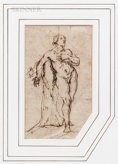 Anglo-Dutch School, 17th Century      Standing Male Nude Leaning Against a Tree Trunk