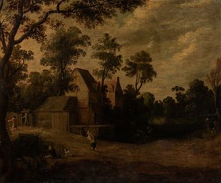 Dutch School, 17th Century      Village View with Figures and Dogs on a Lane