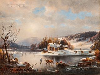American School, 19th Century      Winter View with Figures and Oxen on the Ice