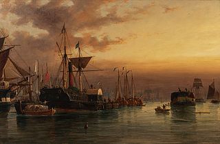 Richard Henry Nibbs (British, 1816-1893)      European Harbor at Dusk
