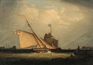Robert Salmon (Anglo/American, 1775-1858)      British and German Vessels in a Stiff Breeze at the Mouth of a Harbor