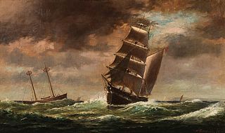 William Formby Halsall (American, 1841-1919)      Brigantine and Lightship off the Coast