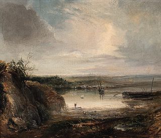 Attributed to Carrie L. Brown (American, fl. circa 1887)      Quiet Harbor at Low Tide with Distant City