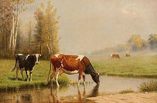 Clinton Loveridge (American, 1838-1915)      Cows Watering Near a Misty Meadow