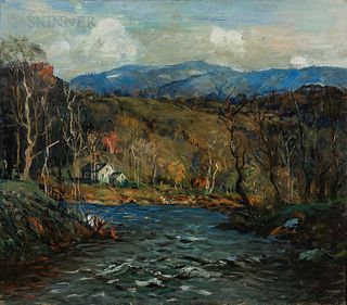 Arthur Clifton Goodwin (American, 1864-1929)      Autumn Landscape with Cabin